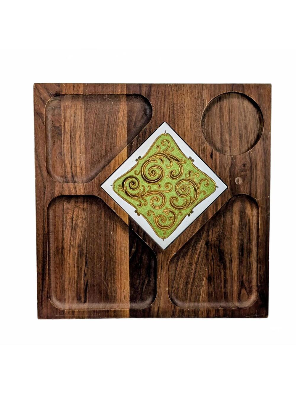 MCM Green & Gold Tile Wooden Serving Charcuterie Snack Tray